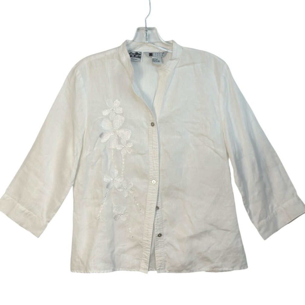 Carol‎ Little Blouse Linen Embroidered Mandarin Collar Quiet Luxury White  L